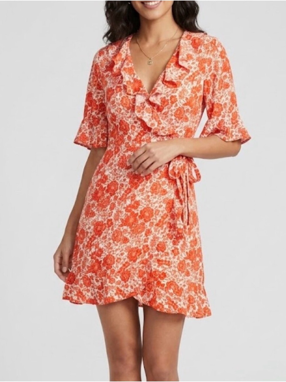 Topshop Red and White Floral Ruffle Wrap Dress